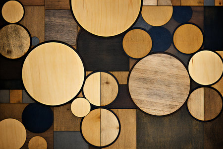 Wooden background with circle and ellipse shapes. Top view.の素材