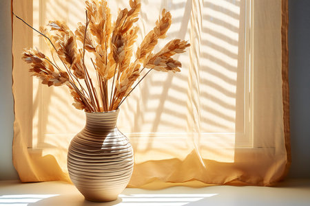 Ears of wheat in a vase on a windowsill.の素材