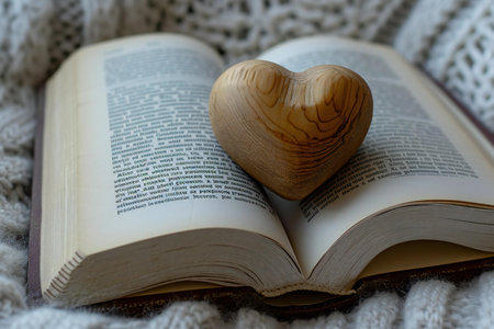 Open book with a wooden heart on a warm knitted background.の素材