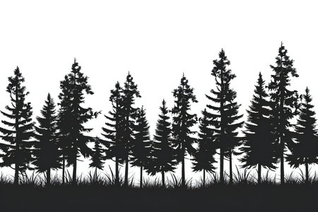 Pine trees silhouettes on a white background.の素材