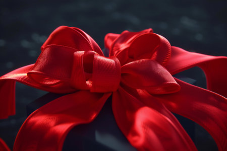 Gift box with red ribbon on dark background. Shallow depth of fieldの素材