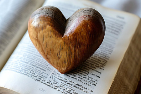Wooden heart on an old book, close-up, selective focusの素材