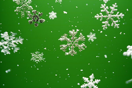snowflakes on green background macro close up. christmas backgroundの素材
