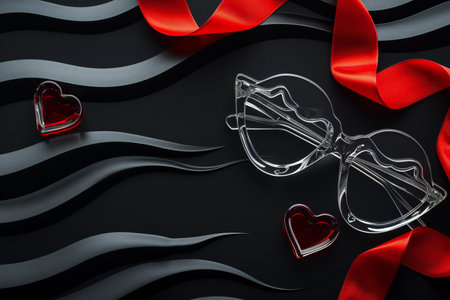 Glasses and red ribbon on black background. Valentines day conceptの素材