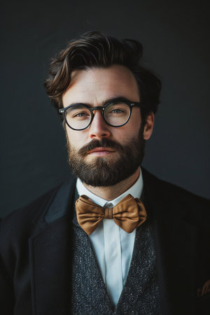 Portrait of a handsome bearded man with glasses and bow tie.の素材
