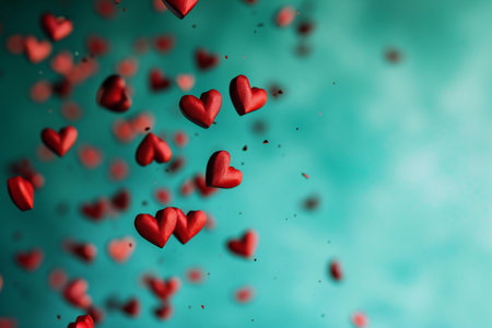 Red hearts fly in the air on a green background.の素材