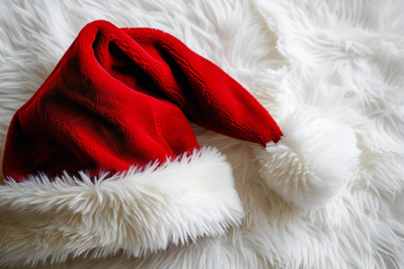 Santa Claus red hat on white fur background. Christmas and New Year concept.の素材