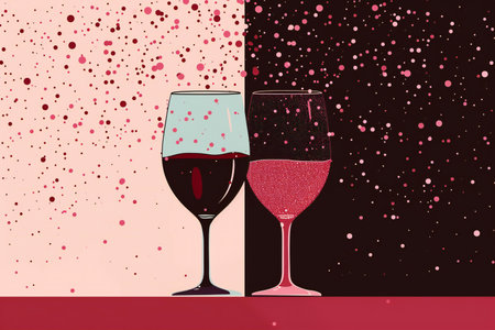 Illustration of two glasses of red and white wine on abstract backgroundの素材