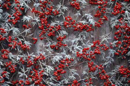 Red rowan berries on the background of a wooden wall, winterの素材