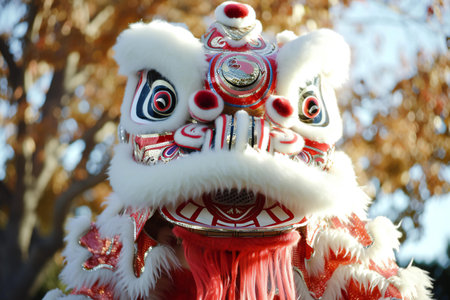 Chinese traditional lion dance in the park, close-up of photoの素材