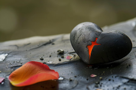 Black stone in shape of heart with red star and rose petalsの素材