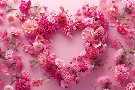 Beautiful flowers on color background, top view. Valentine's day celebrationの素材