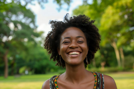 Portrait of a beautiful african american woman smiling in the parkの素材