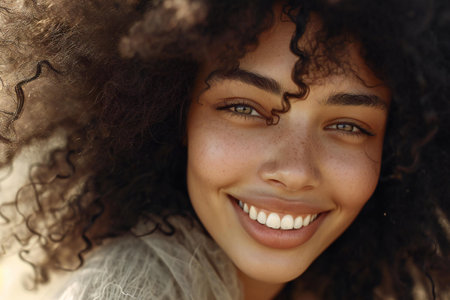 Close up portrait of a beautiful young african american woman smilingの素材