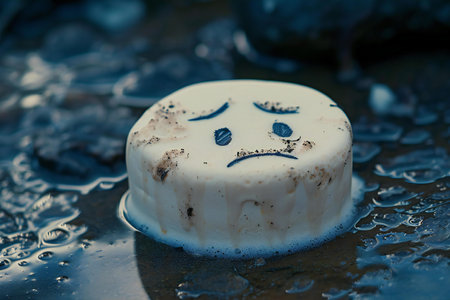 Coconut cake with sad face on the wet sand background.の素材