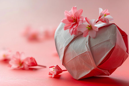 Paper heart with pink flowers on pink background. Valentine's day concept.の素材