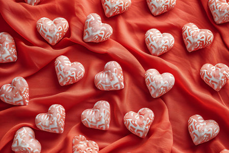White hearts on red silk background, valentine's day conceptの素材