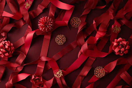 Red ribbons with snowflakes on a dark backgroundの素材