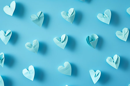 Blue paper hearts on a blue background. Flat lay, top viewの素材