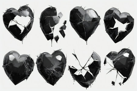 Set of black broken heart isolated on white background.の素材