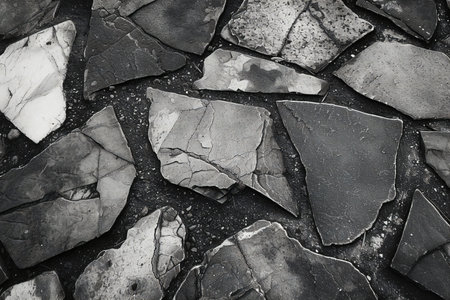 Broken tile on the floor. Black and white photo. Abstract background.の素材