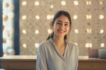 Portrait of beautiful young woman smiling and looking at camera in cafeの素材