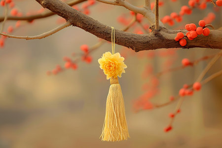 Chinese New Year decoration, yellow paper lantern hanging on a tree branchの素材