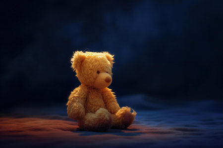 Teddy bear on a dark background, soft focus, tonedの素材
