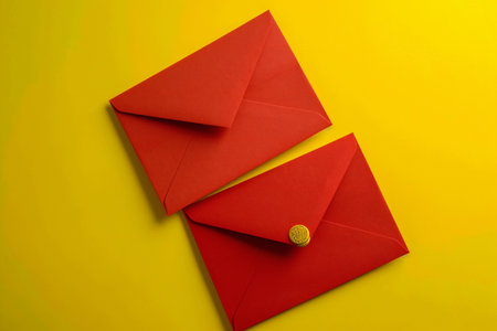 Red envelope on yellow background. Top view. Copy space for your text.の素材