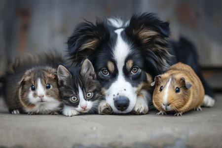 Portrait of a border collie with kittens and guinea pigの素材