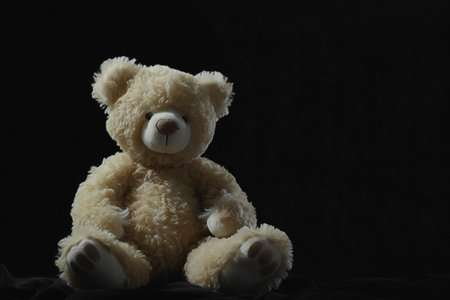Teddy bear on black background, soft focus and shallow DOF.の素材
