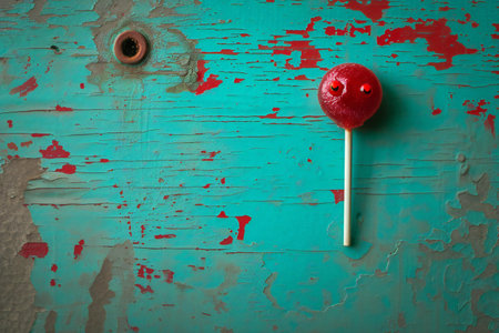 Red lollipop on a turquoise wooden background. Toned.の素材