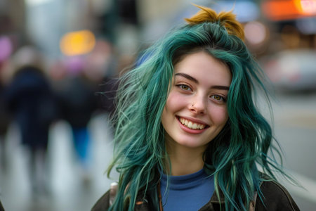Portrait of a beautiful young woman with green hair in the cityの素材