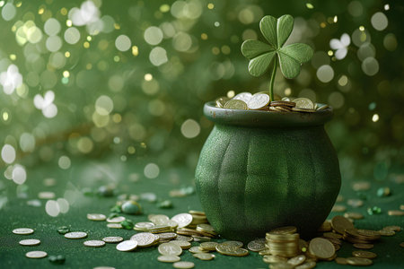 Pot of gold coins and clover leaf on green bokeh backgroundの素材
