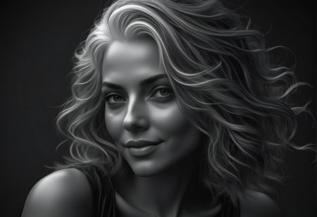 Portrait of a beautiful blonde woman with curly hair on a dark backgroundの素材