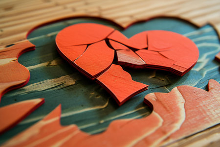Broken heart on wooden background. Love and broken heart concept.の素材