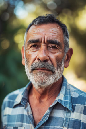 Portrait of senior man with grey beard looking at camera in parkの素材