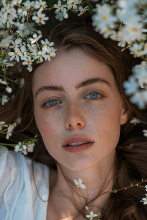 Portrait of a beautiful young woman with flowers in her hair.の素材