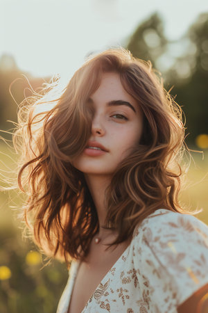 Portrait of a beautiful young woman with long curly hair in the fieldの素材