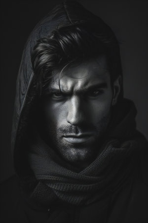 Portrait of a man in a hood on a dark background.の素材