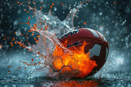 a football with water splash on a dark backgroundの素材