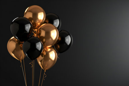 Black and gold balloons on dark background.の素材