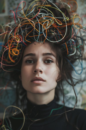 Portrait of a beautiful girl with tangled hair in the studio.の素材