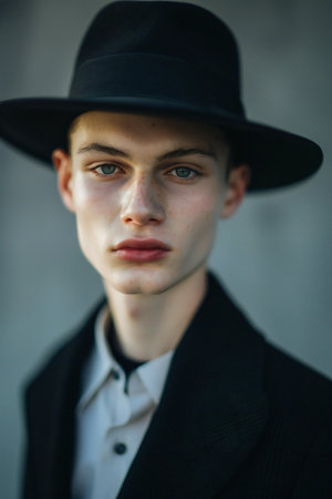 Portrait of a handsome young man in a black hat. Men's beauty, fashion.の素材