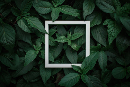 Creative layout made of green leaves with white frame. Flat lay. Nature concept.の素材