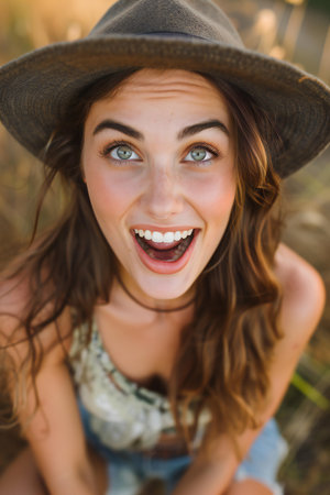 Close up portrait of a beautiful young woman in hat smiling and laughing outdoorsの素材