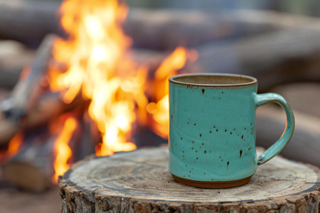 Coffee mug on a log in front of a campfireの素材