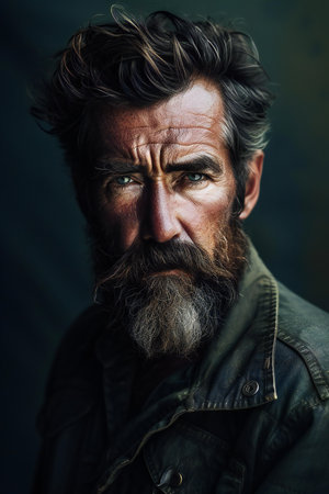 Portrait of a handsome man with a long beard and mustache in a leather jacket on a dark backgroundの素材