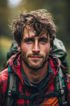 Portrait of a young man with backpack hiking in the forest.の素材