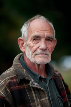 Portrait of an elderly man in a plaid shirt outdoors.の素材